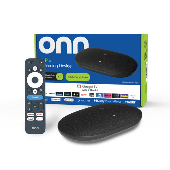 onn 4K Pro 2026 Google TV streaming device — black, 32GB