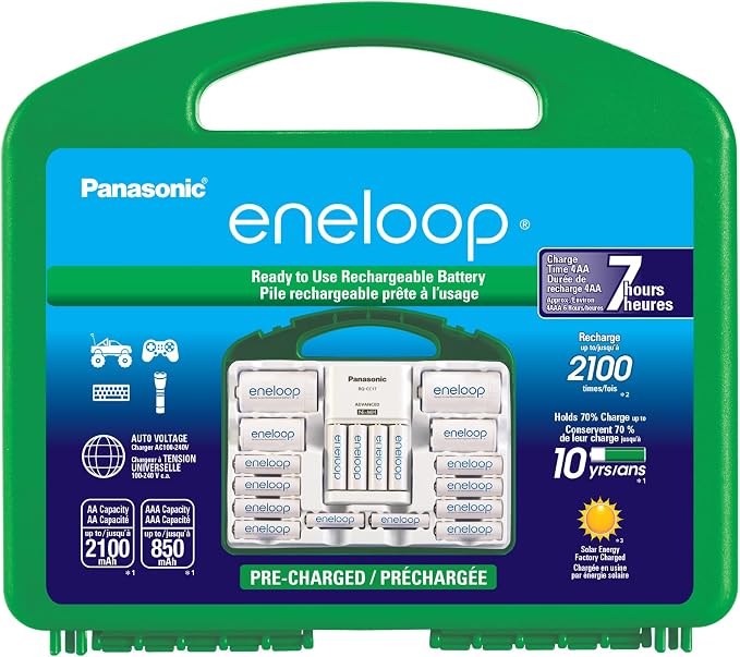 Panasonic eneloop Power Pack: 12 AA and 4 AAA Rechargeable Batteries, CC17 Charger and C/D Adapters